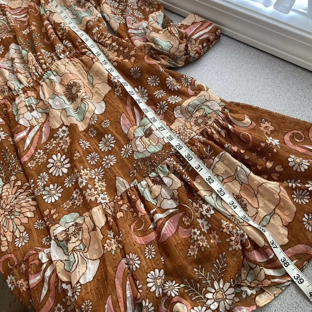 Ryegrass Large High Neck Long Sleeve Fit Flare Dress Mod Retro Rust Brown Floral - Picture 11 of 13